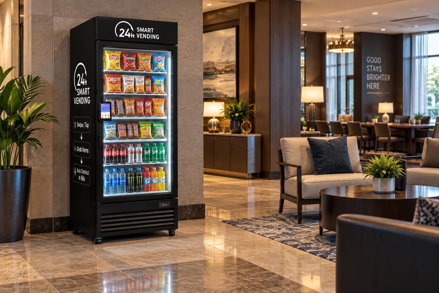 Smart vending cooler in an upscale hotel lobby